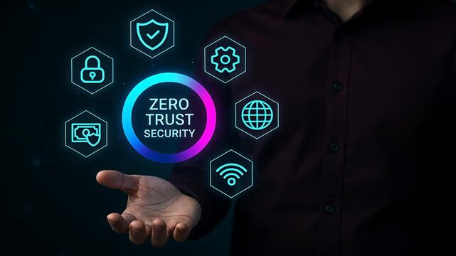 Man raises hand to glowing zero trust security text and icons arranged in arc, showing secure identity and trust control in futuristic protection