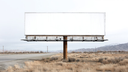 Obraz premium Empty billboard standing alone in a vast landscape with dry grass and distant mountains under a cloudy sky along a remote highway.