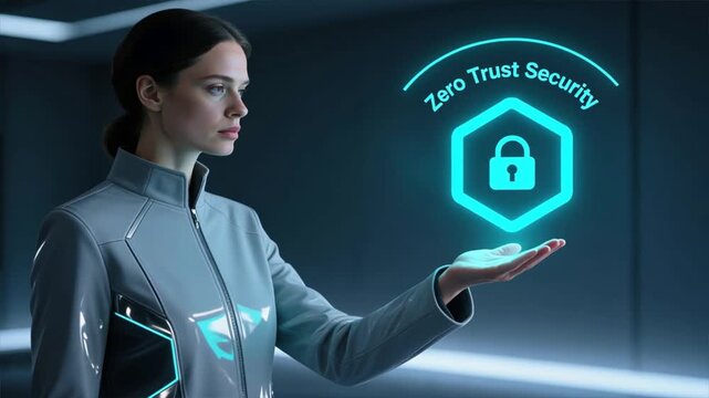 Woman extends hand to glowing zero trust security text and hologram icons, symbolizing secure identity and trust control in digital defense
