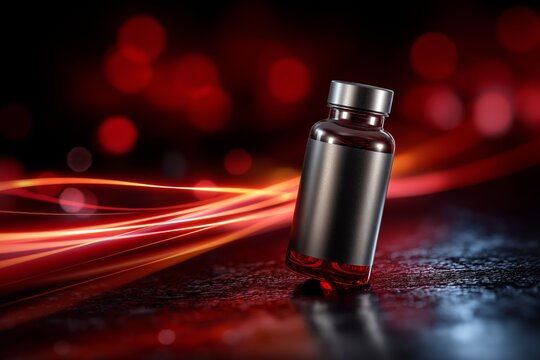 High-end energy drink bottle with a sleek design, illuminated against a vibrant background of swirling lights, showcasing modern aesthetics and branding potential