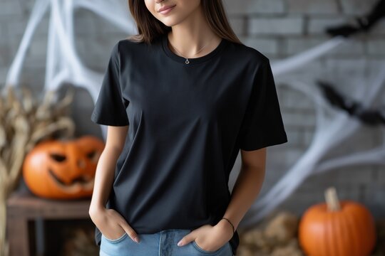 Woman in plain black t-shirt stands confidently in a studio with Halloween decorations, showcasing a vibrant atmosphere filled with pumpkins and cobwebs, perfect for seasonal themes