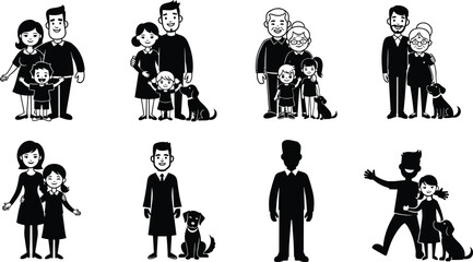 Family silhouettes, parents, kids, grandparents, children, mother, father, daughter, son, dog, cartoon, vector, happy, people, illustration