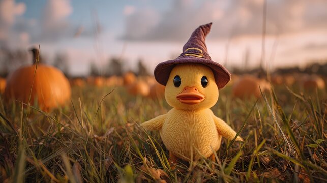 An adorable yellow rubber duck wea a purple witch's hat stands in a field of pumpkins at sunset creating a charming autumn Halloween scene perfect for seasonal celebrations and - Powered by Adobe