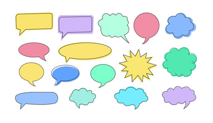Colorful speech bubble vector illustration. comic book style chat, dialogue, and shout box shapes. 