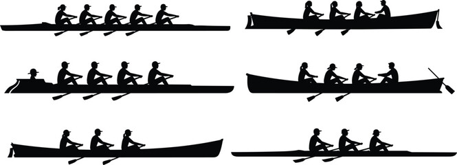 Rowing team silhouettes, rowers vector set, crew boat clipart, sculling icons, sports rowing illustration, racing team graphics, oar boat silhouettes © Rifat's World