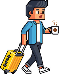 Pixelated man walking with suitcase and coffee vector