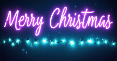 Bright neon sign displays festive greeting. Lights shine below text, creating holiday mood. Dark background enhances glow.