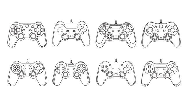 Set of eight video game controller line drawings for digital gaming and entertainment concepts silhouette