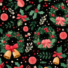 Festive Christmas Seamless Pattern: A joyful seamless pattern with various holiday elements. Featuring wreaths adorned with vibrant red berries and elegant bows, festive bells, holly leaves.