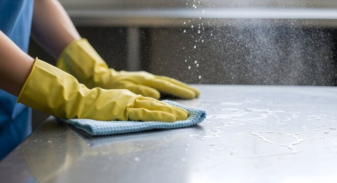 Sanitizing Surface with Spray and Cloth Hygiene and Cleanliness in Action