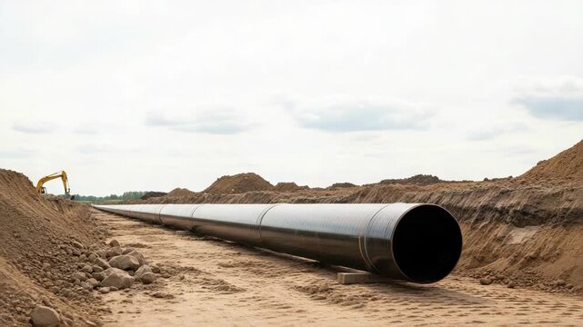 Pipeline construction shows long metal pipe laid in trench for building infrastructure. Pipeline construction involves significant engineering efforts.
