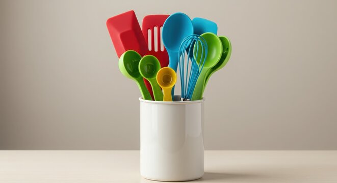 Bright Kitchen Utensils in White Container on Neutral Background