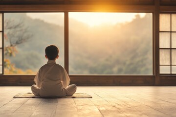 Young man meditating in lotus position in front of the window