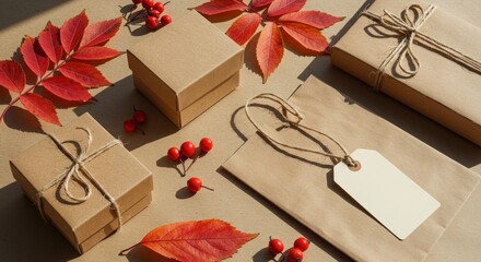 Warm Autumn Gifts on Brown Background with Fall Leaves and Berries