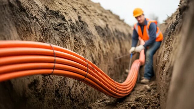 Construction worker installs cables, construction worker prepares orange conduit in ditch, worker secures them. Hardworking construction worker, wearing hardhat and reflective vest,