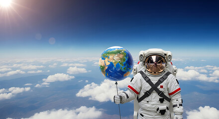 Astronaut holding a pixelated Earth high above the clouds under a bright sun