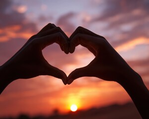 Heartfelt Sunset: The silhouette of hands forming a heart shape against a fiery sunset, conveying a message of love, connection, and shared moments.