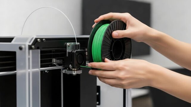 Preparing for 3D printing with plastic filament on 3D printer. Working on 3D printer involves holding green plastic filament, inserting it carefully into machine.