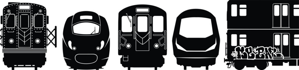 Train front view icons, railway transport vector, subway metro illustration, high speed train graphic, locomotive design, urban transit collection, travel symbol © Rifat's World