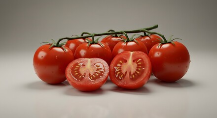 Freshly picked ripe red tomatoes on the vine with one sliced open