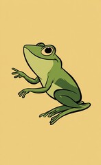 A friendly, cartoonish frog sits on a pale yellow background, displaying an expressive posture and vibrant green color.