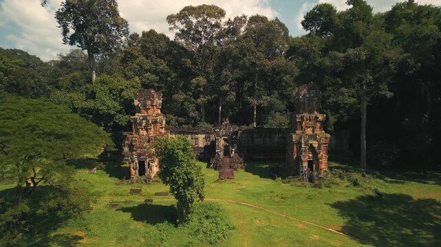 Aerial Drone Shot Of Suor Proat Temple In Angkor Thom Cambodia Surrounded By