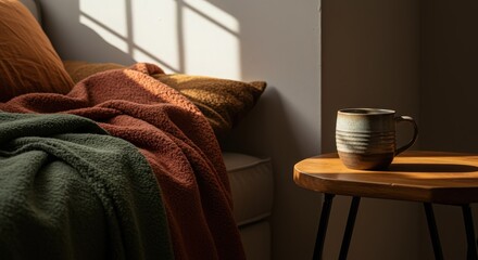 Cozy bedroom scene with blanket and mug on wooden table