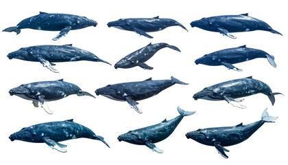 A collection of various whale illustrations, showcasing their size, shape, and movement. Isolated on a clean white background