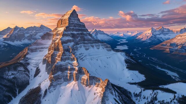 Aerial View of Banff National Park's Winter Mountain Range in Alberta, Canada