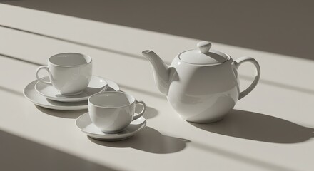 Elegant White Teapot and Cups with Soft Shadow Play and Simplicity