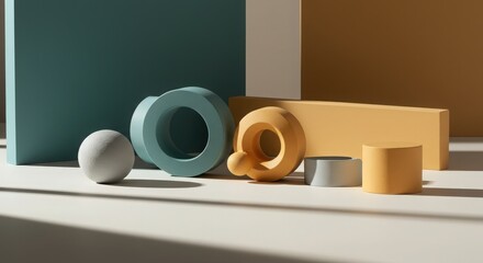 Abstract Composition of Geometric Shapes in Bright Colors and Shadows
