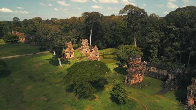 Aerial Drone Footage Over Suor Proat Temple Towers In Angkor Cambodia
