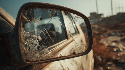 A car mirror is shattered and has a spider web pattern