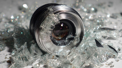 A camera lens is shattered and broken