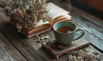 Cozy Herbal Tea and Book on Wooden Table