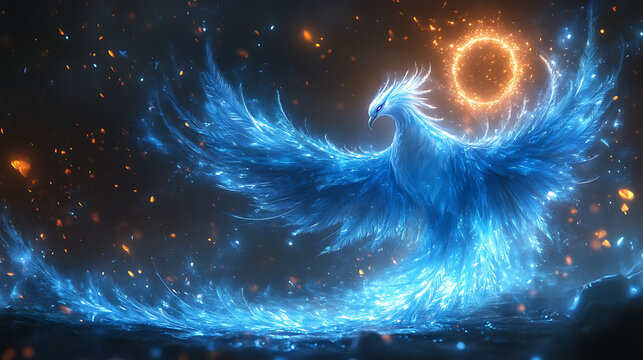Elegant godly bird with sapphire tail feathers and glowing halo above head 