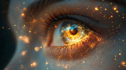 Close-up of divine bird eye reflecting cosmic light and celestial patterns 