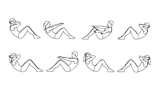 Sequence of figures demonstrating proper sit up exercise technique for core strength training silhouette