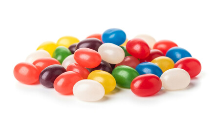 Pile of colorful jelly beans isolated on white background, a sweet and chewy treat perfect for easter, parties, or a sugary snack, offering a variety of fruity flavors