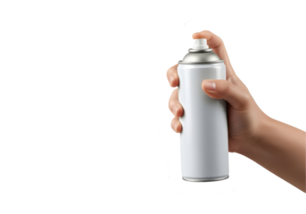White Spray Can in Hand on White and png Background – Product Shot with Clean Bright Lighting
