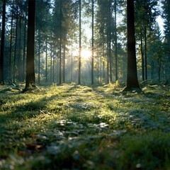 Obraz premium Sunlit Forest: A sunlit forest, where the majestic trees pierce through the vibrant green canopy. Sun rays filter through the leaves, illuminating the forest floor with an ethereal glow.