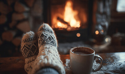 Cozy Evening by Fireplace with Cocoa and Warm Socks