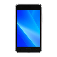 Front view of black smartphone with blue screen isolated on white and transparent background