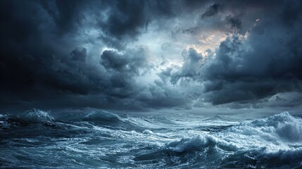 A turbulent sea, with dark, dramatic clouds overhead, creates a powerful and ominous scene.