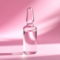 Glass ampoule, transparent vial with liquid. Modern skincare, hyaluronic acid or botulinum product