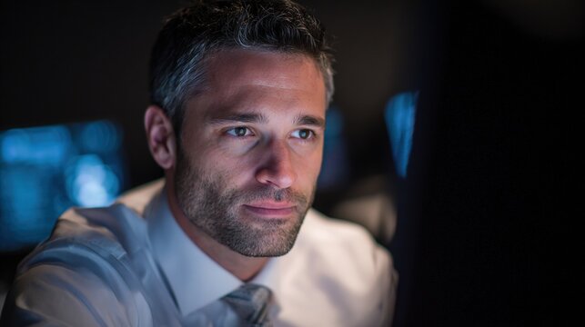 programmer. A focused programmer with lines of code projected in the background, illuminated by cool blue light. product launch decks.