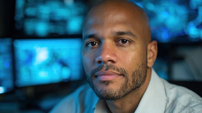 programmer. A focused programmer with lines of code projected in the background, illuminated by cool blue light. product launch decks.