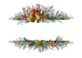 Watercolor Christmas banner or greeting card template with fir garland, jingle bells, bow, herbs and berries. Digital illustration.