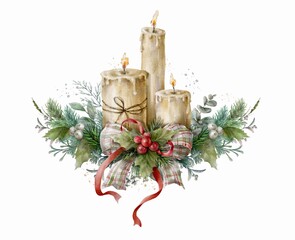 Watercolor Christmas candles set with spruce garland, bow and red berries. Christmas decor. Digital illustration.