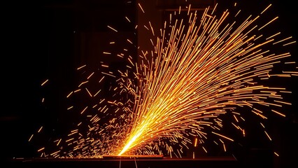 Industrial scene with glowing orange sparks in motion against dark background, metalworking abstraction.